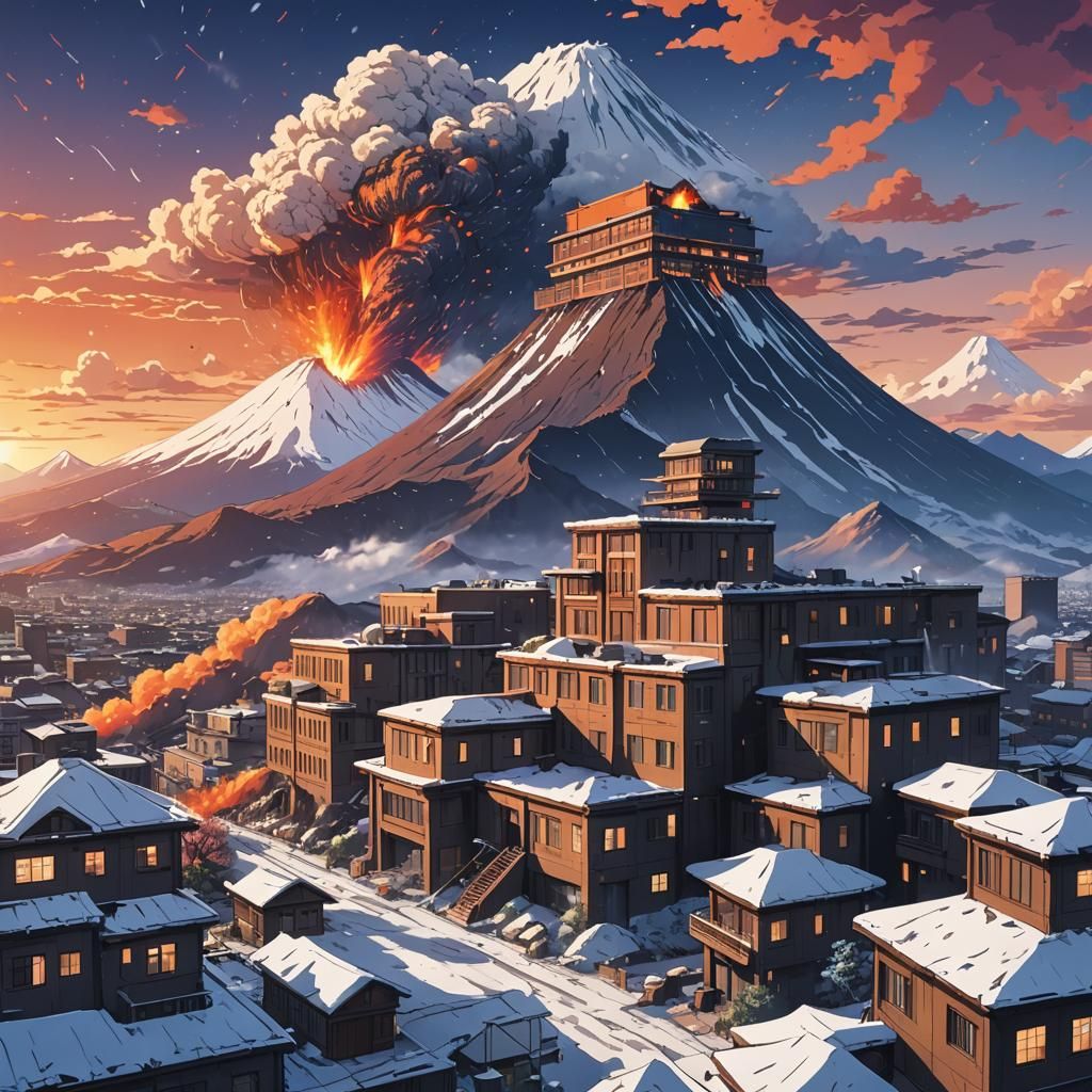Anime Scene: Volcano Eruption Behind Cracked Building