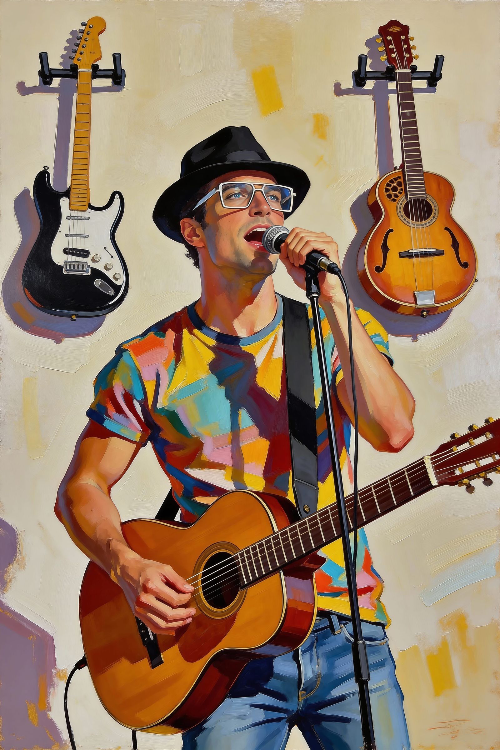 Man Playing Guitar and Singing in Romantic Oil Painting Styl...