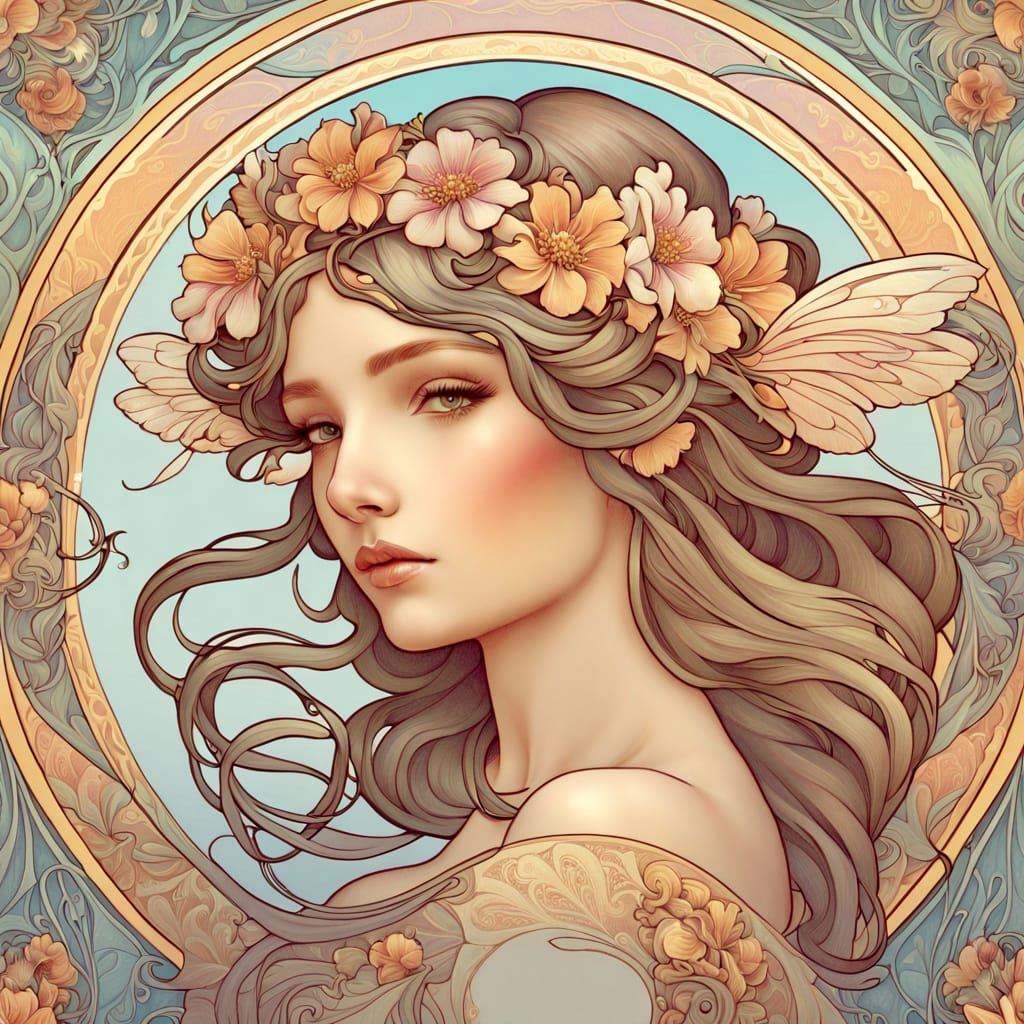 Art Nouveau Fairy Portrait with Flowers and Wings