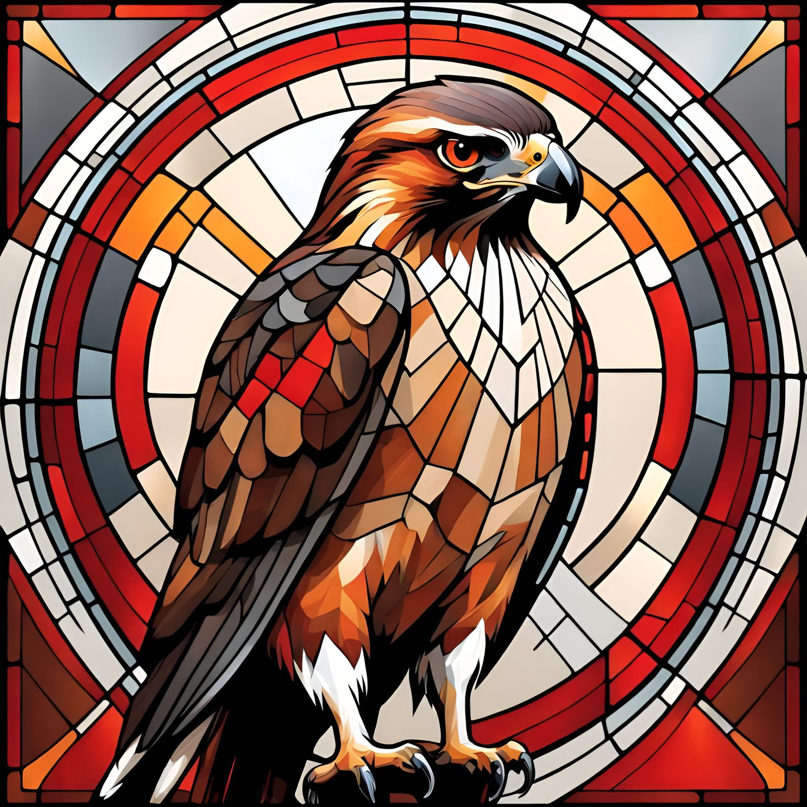 Stylized Red-Tailed Hawk in Stained Glass Style