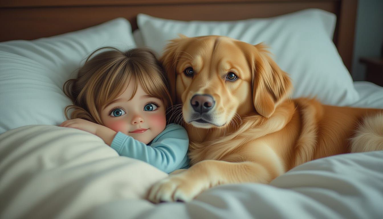Chibi Girl with Golden Retriever in Cozy Bed