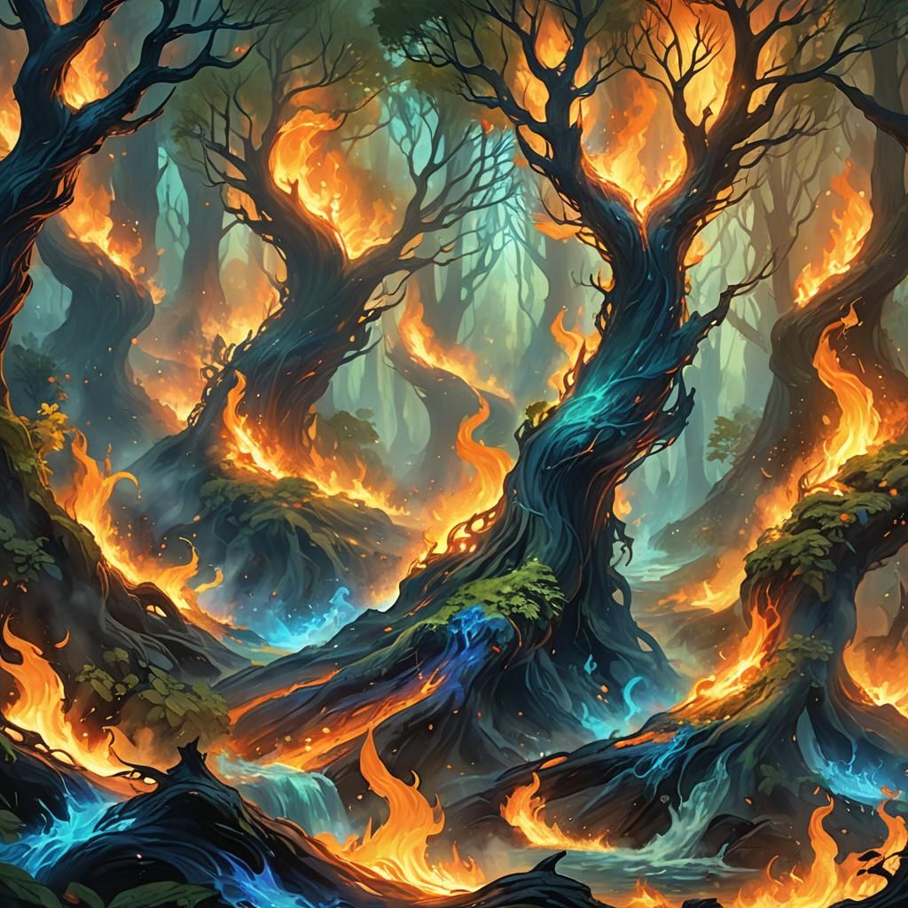 Blue Fire Engulfs Ancient Forest in Fantasy Art