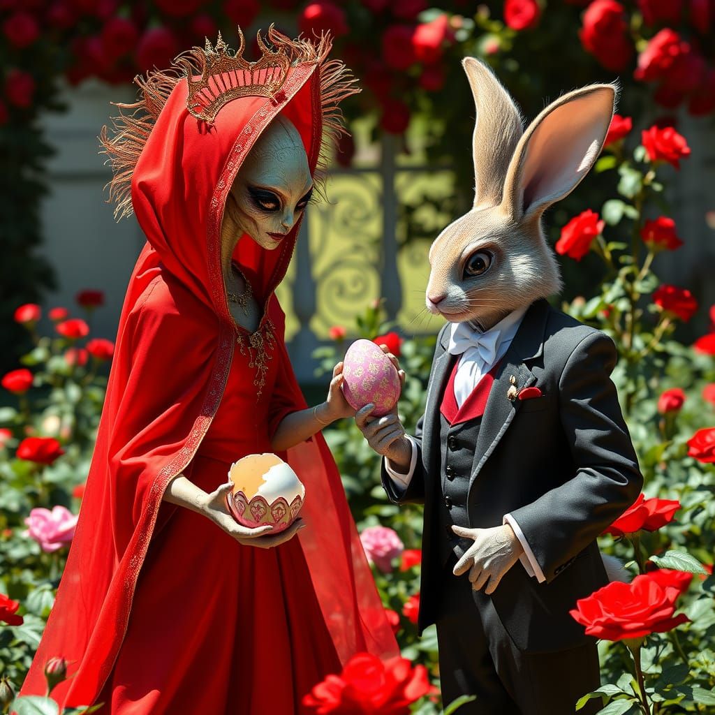 Easter Bunny Meets Alien Queen in Red Rose Garden