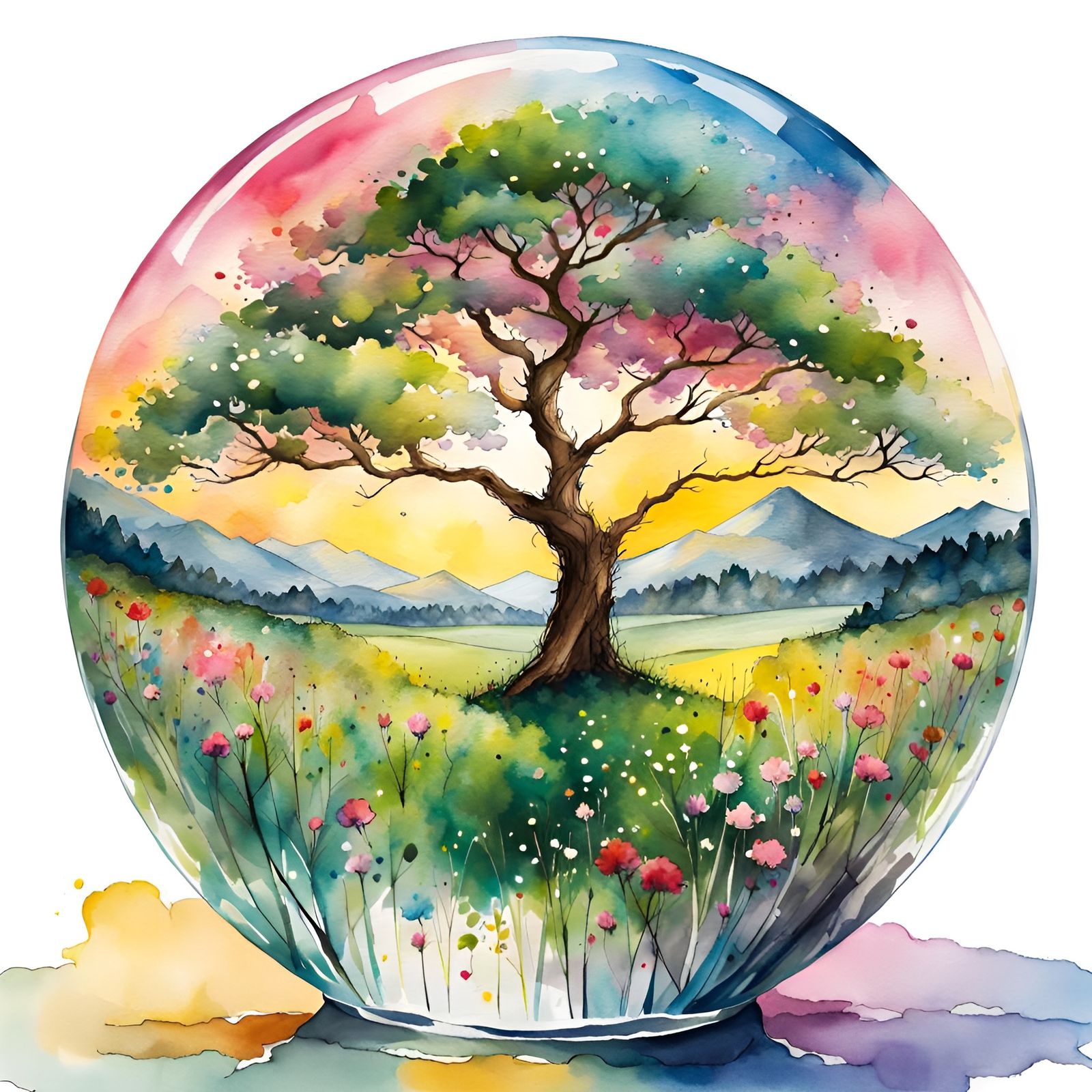 Japanese Tree of Life in Glass Sphere, Watercolor Art