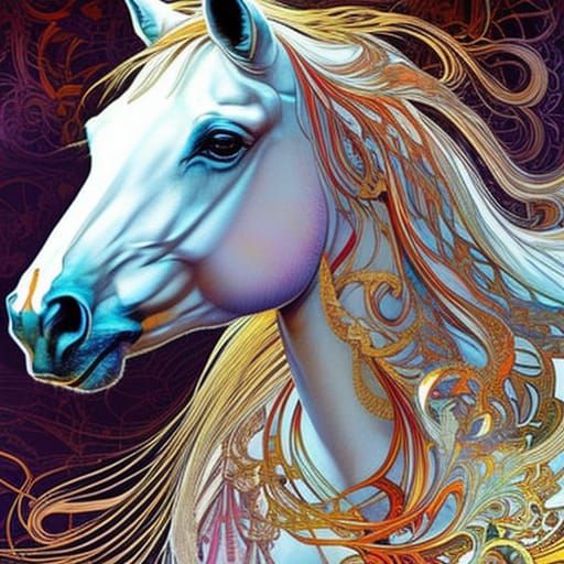 White Horse Portrait with Luminous Colors, Digital Art