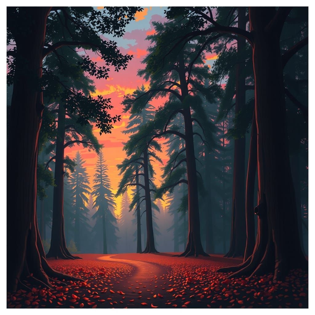 Serene Forest Sunset in Atmospheric Style