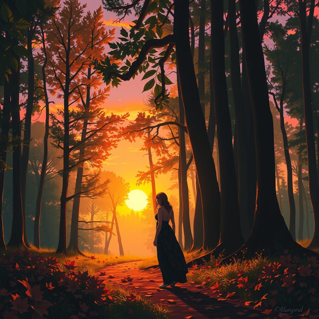 Woman in Forest at Sunset: Atmospheric Landscape Art