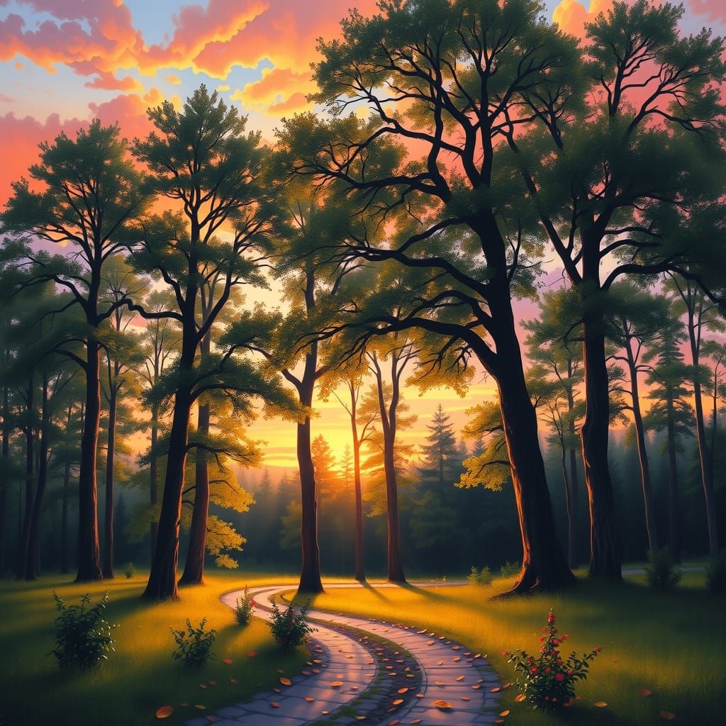 Serene Forest Sunset Painting with Broad Leaves