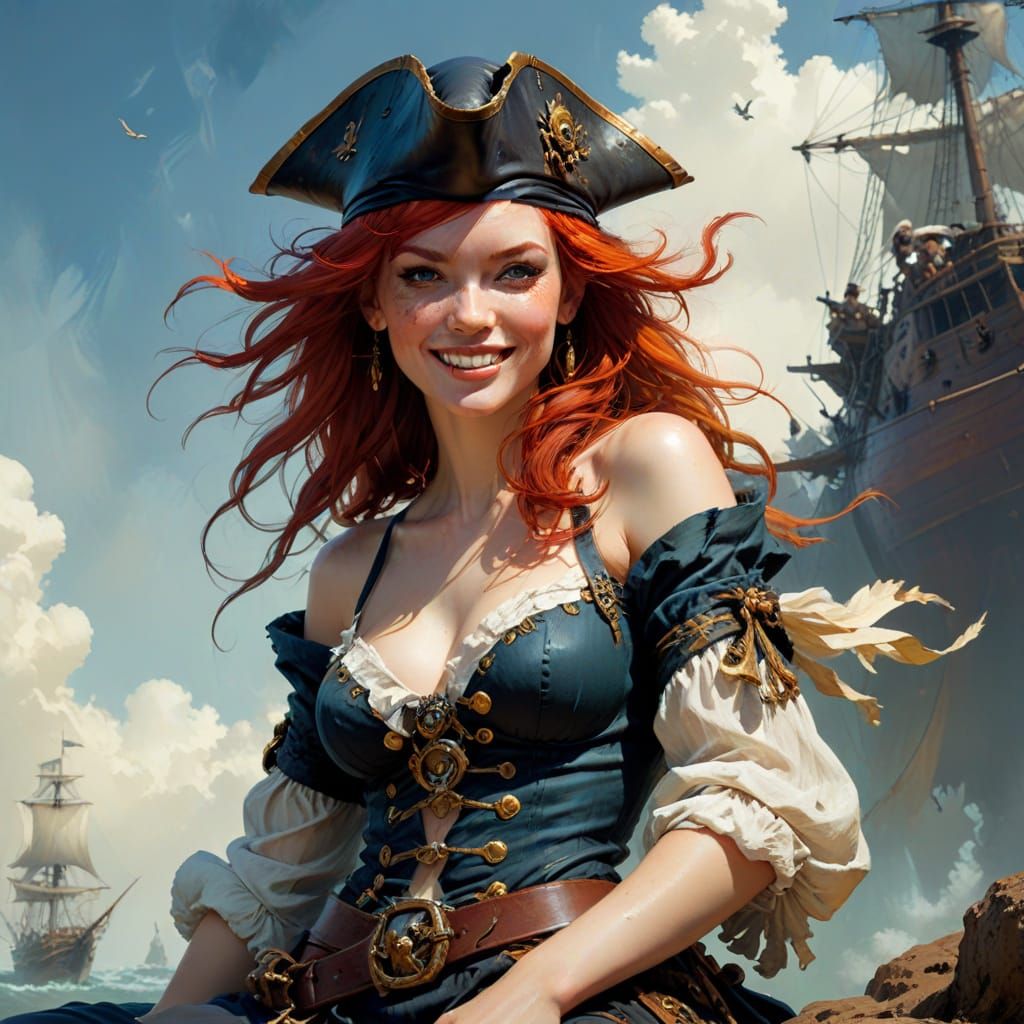 Red-Haired Pirate Captain in Digital Airbrush Style