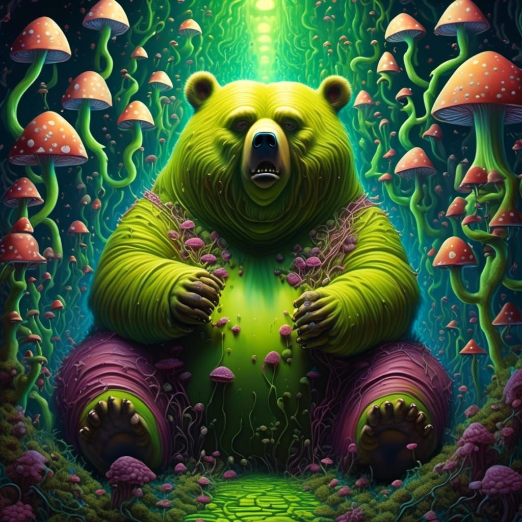 Bioluminescent Wonderland: Obese Bear in Mushroom Maze