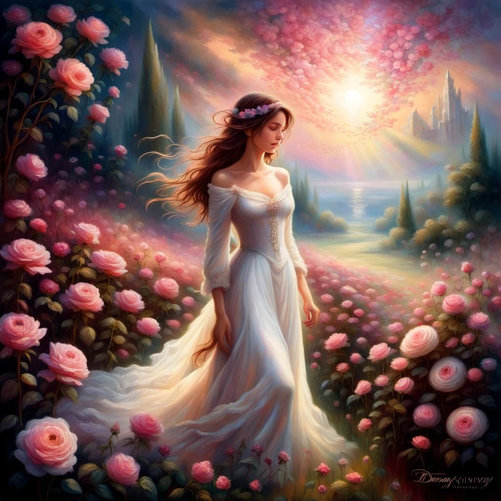 Woman in Rose Garden with Ethereal Glow