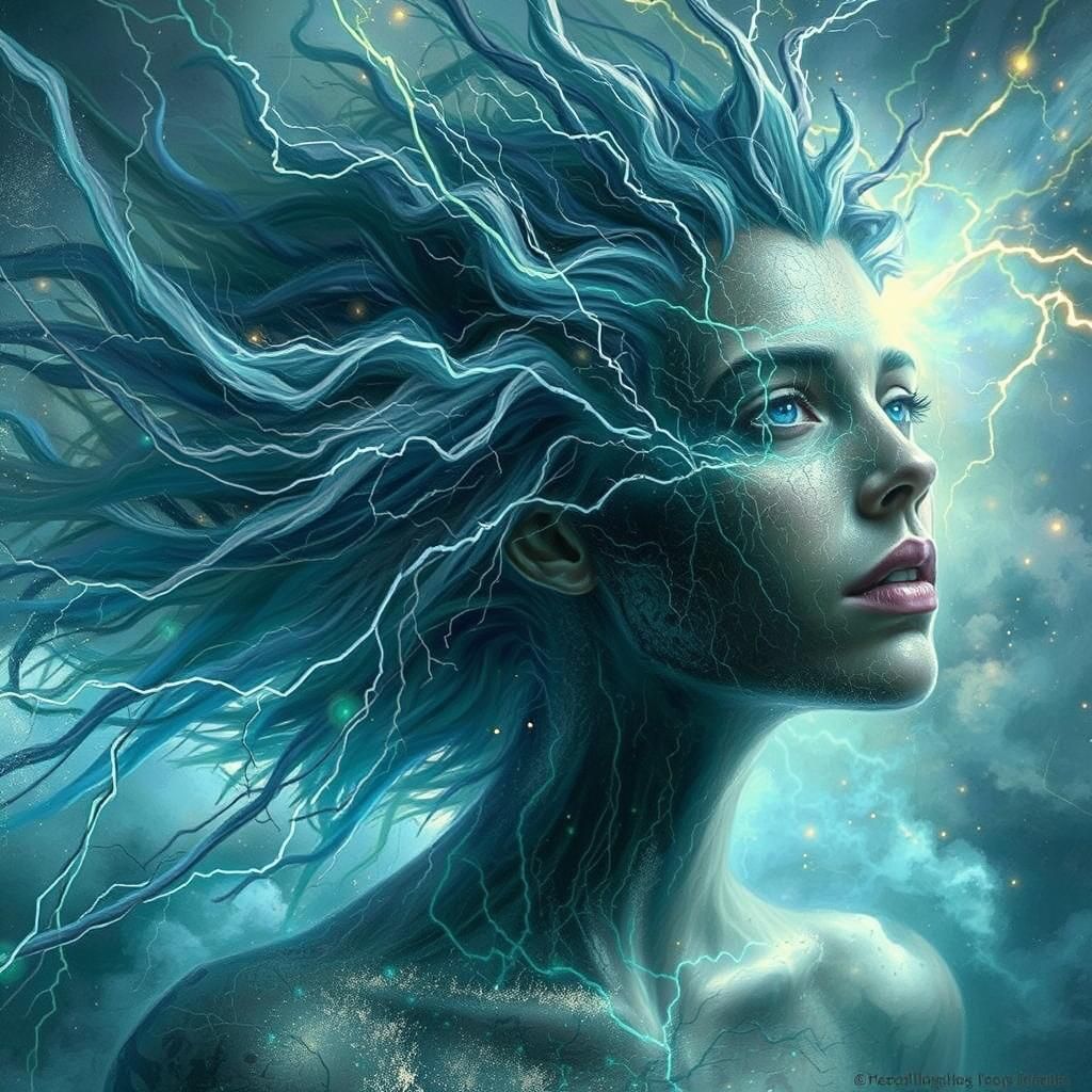 Ethereal Lightning Figure Soaring Through Stormy Sky