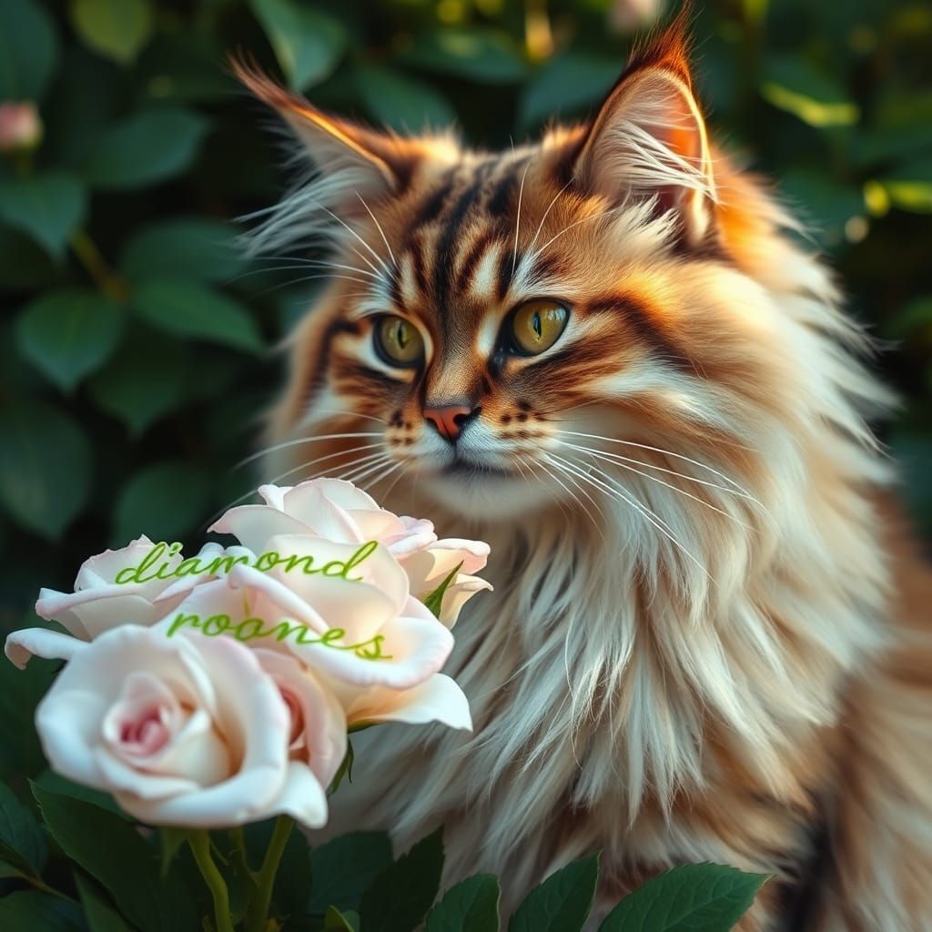Cat Blowing Diamond Roses in Photorealistic Style