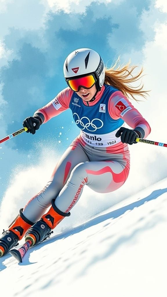 Skiing Champion in Dynamic Watercolor Portrait