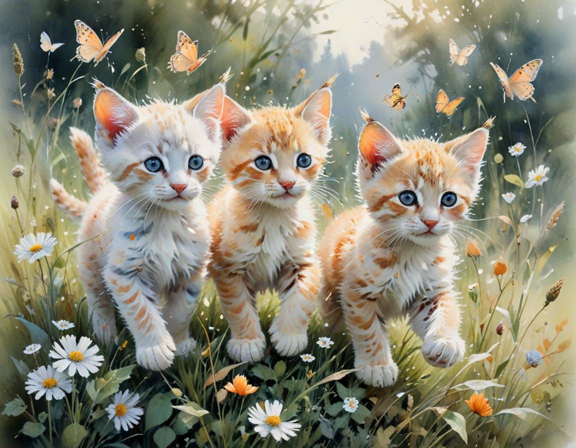 Pastel Cat Cubs Chasing Butterflies, Watercolour Painting