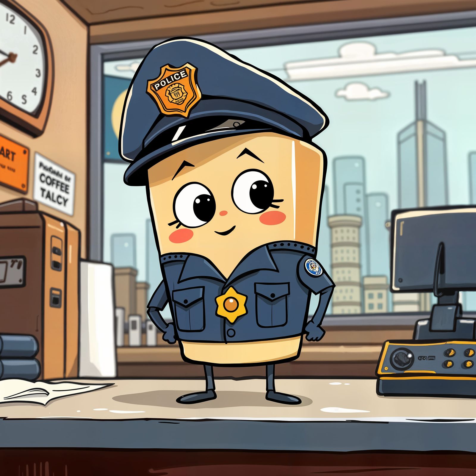 Whimsical Coffee Cup Cop Standing Tall in the City