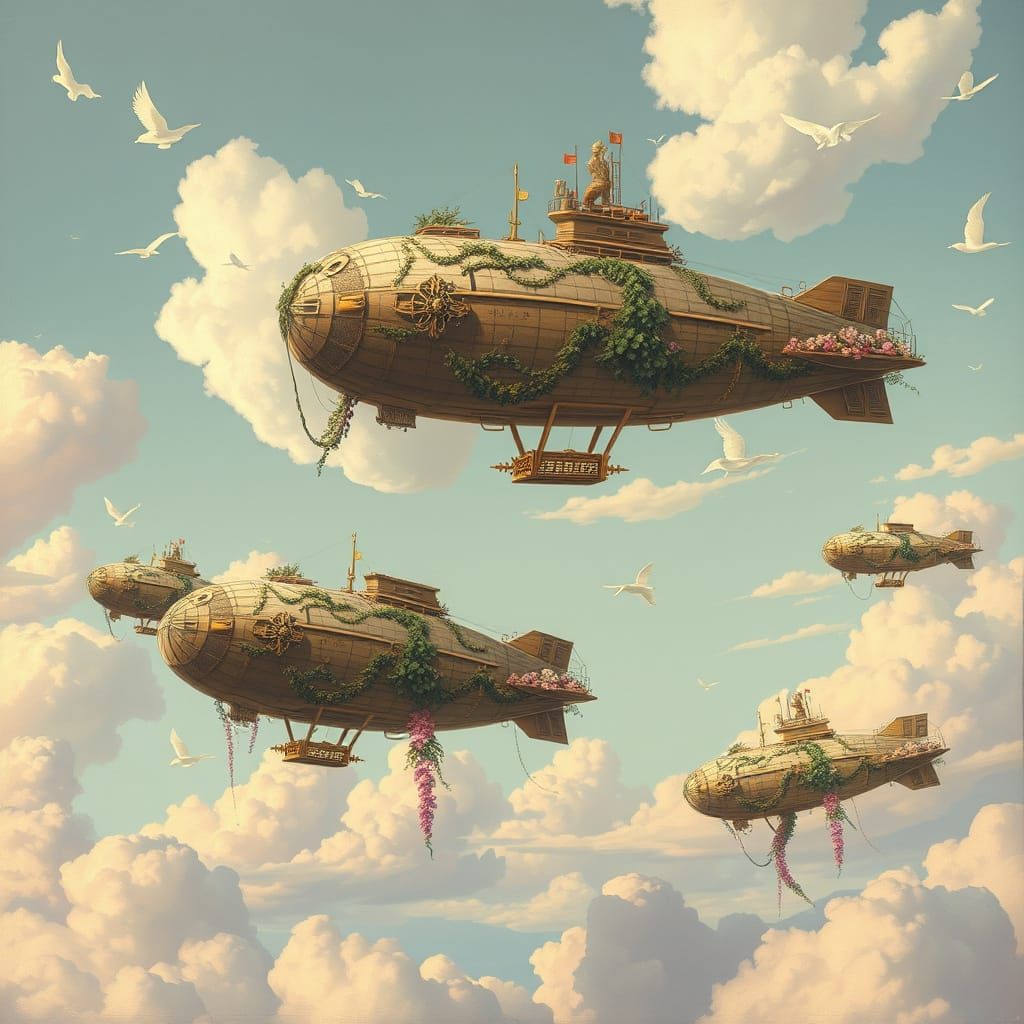 Botanical Airships Drifting in Pastel Sky: Surreal Oil Paint...