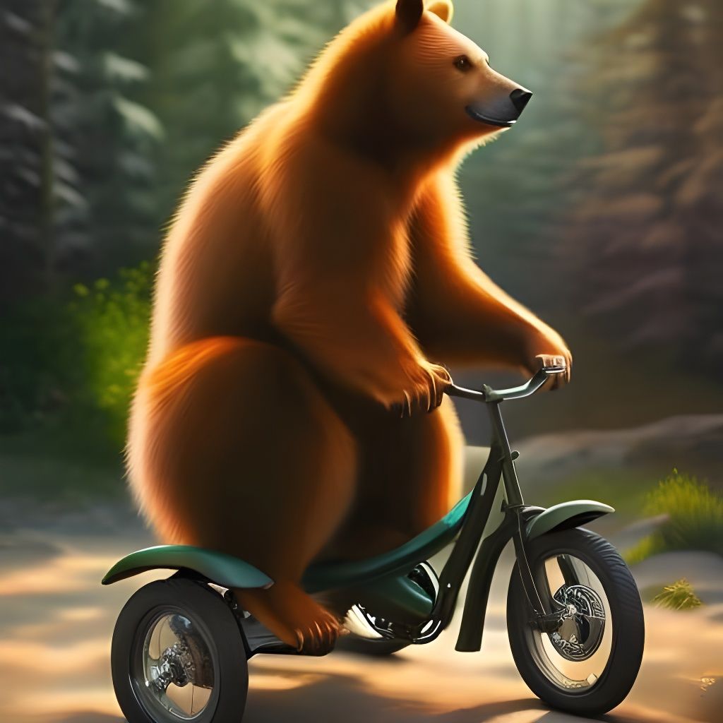 Majestic Bear Rides Tricycle: Oil Painting Portrait