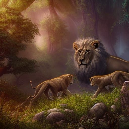Lions in Dark Sage Forest: Detailed Matte Painting
