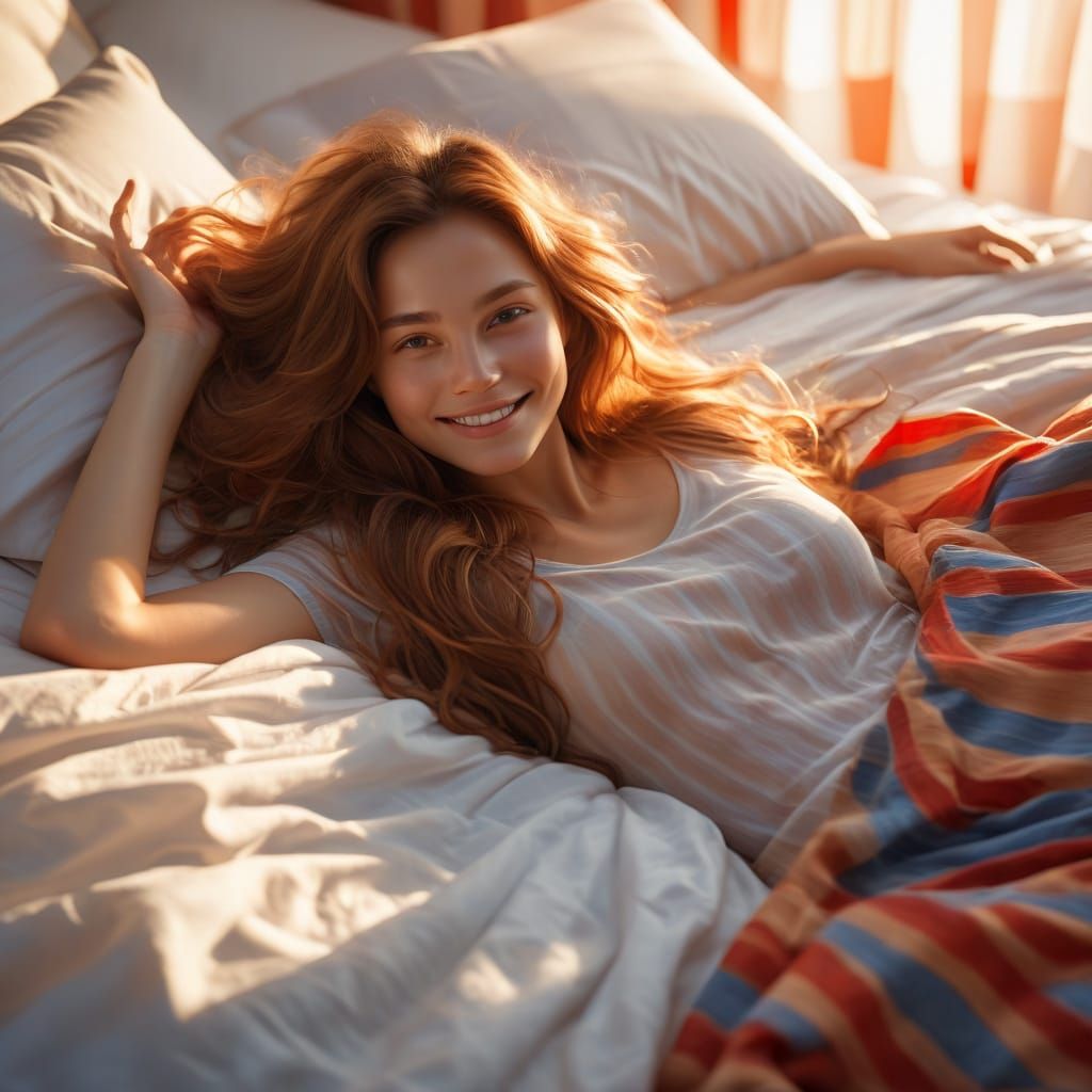 Woman Waking Up in Warm, Impressionist-Inspired Bed