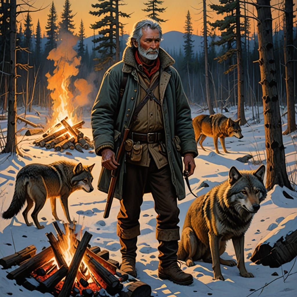 Grey-Haired Trapper Defends Camp Against Wolves at Dusk