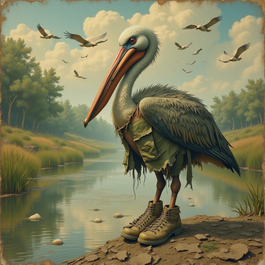 Shaggy Pelican Contemplates Pond Life in Ethereal Style