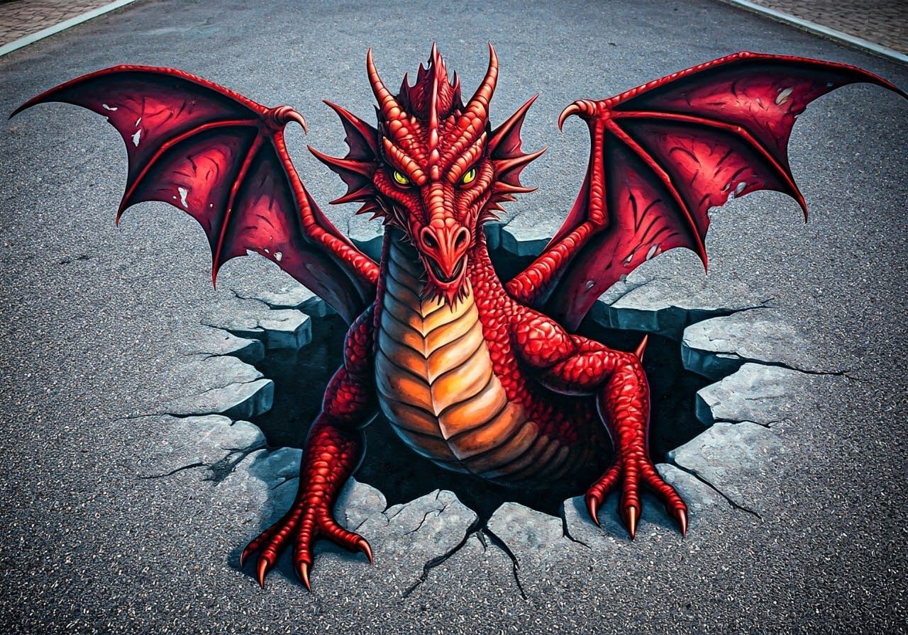 Majestic Red Dragon 3D Street Art Illusion