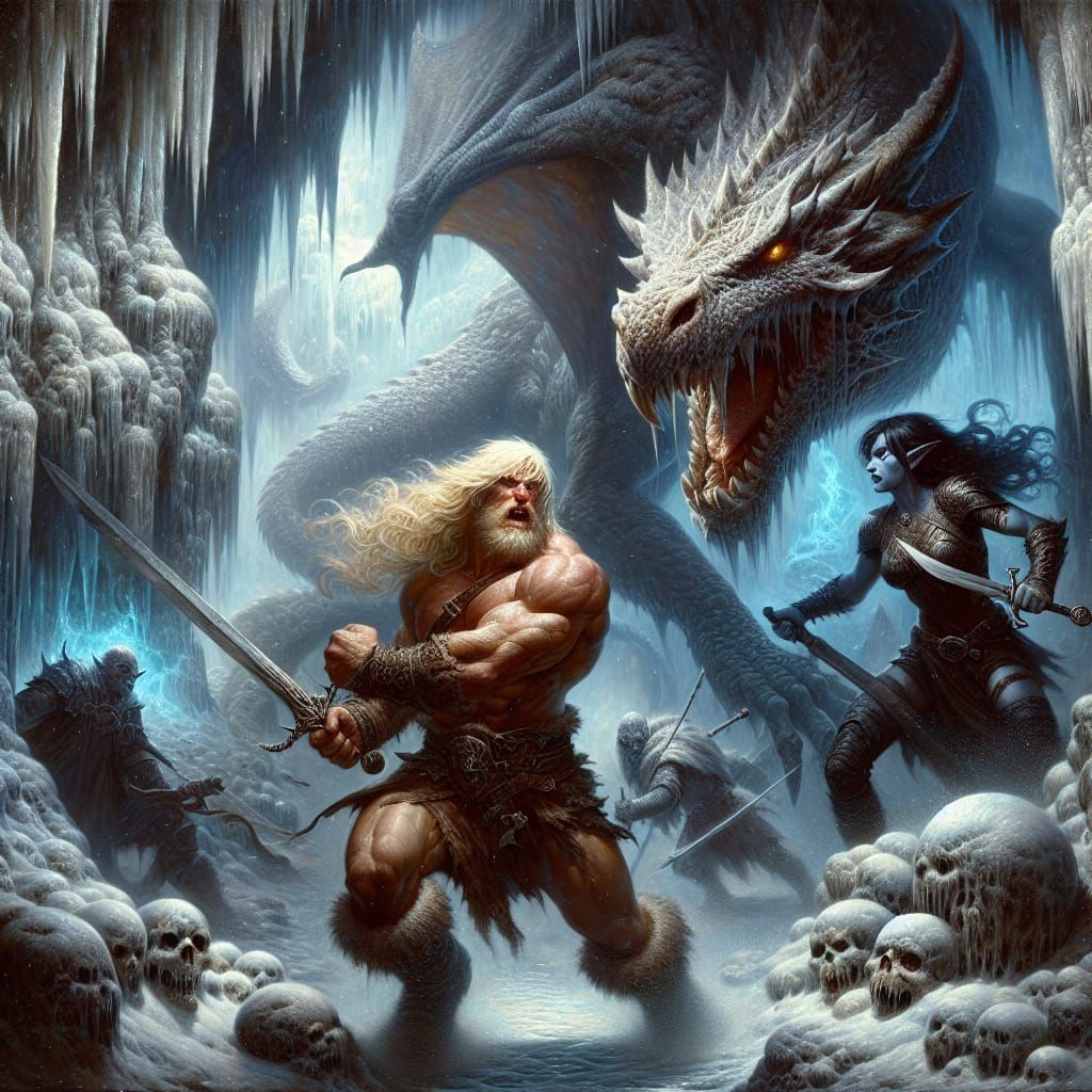 Barbarian and Drow Duel Dragon in Icy Cave
