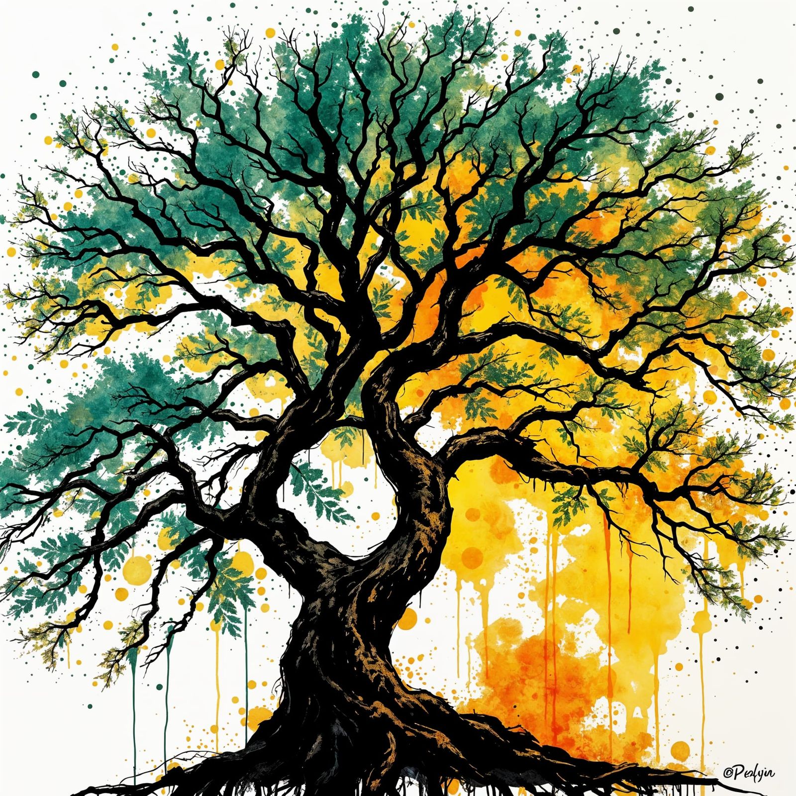 Ink Splatter Tree in Green, Gold, and Black