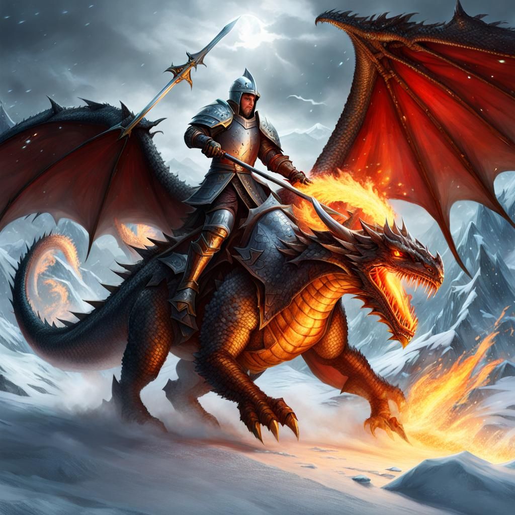 Knight on Dragon Battling Ice Demon in Snowstorm