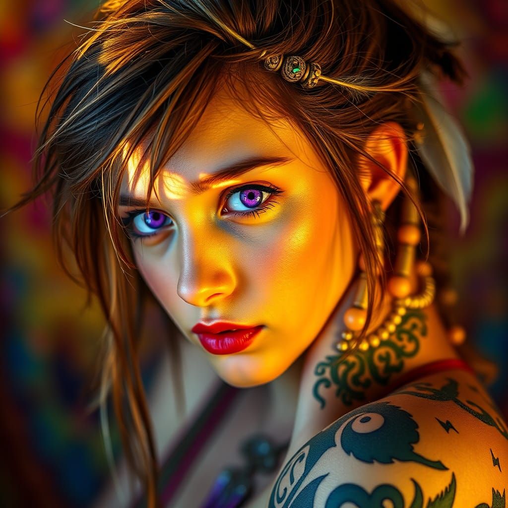 Whimsical Portrait: Mischievous Woman with Purple Eyes