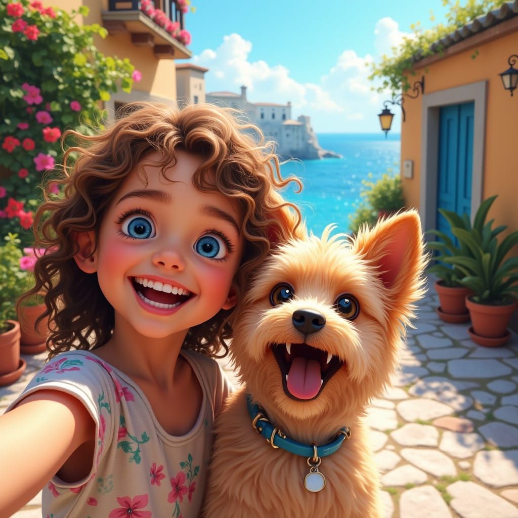 Happy Girl and Dog Snap Selfie in Colorful Mediterranean Set...