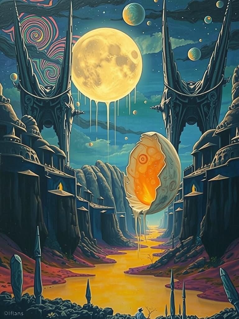 Surreal Fantasy Landscape with Kaleidoscopic Sky