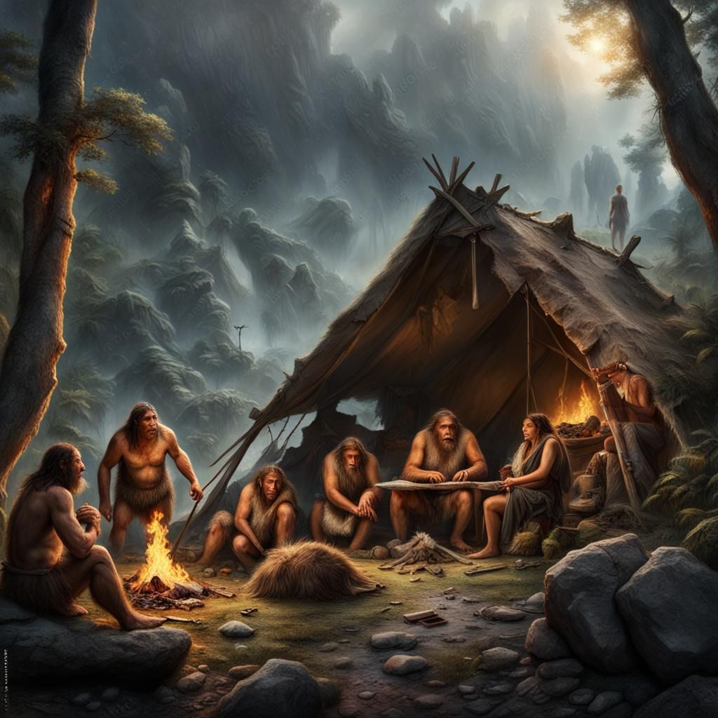 Neanderthal Family in Paleolithic Era Forest Campsite