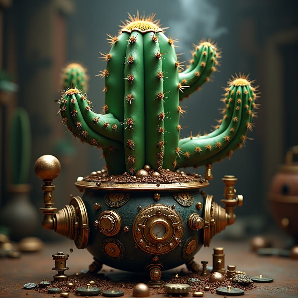 Steampunk Cactus in Mechanical Pot