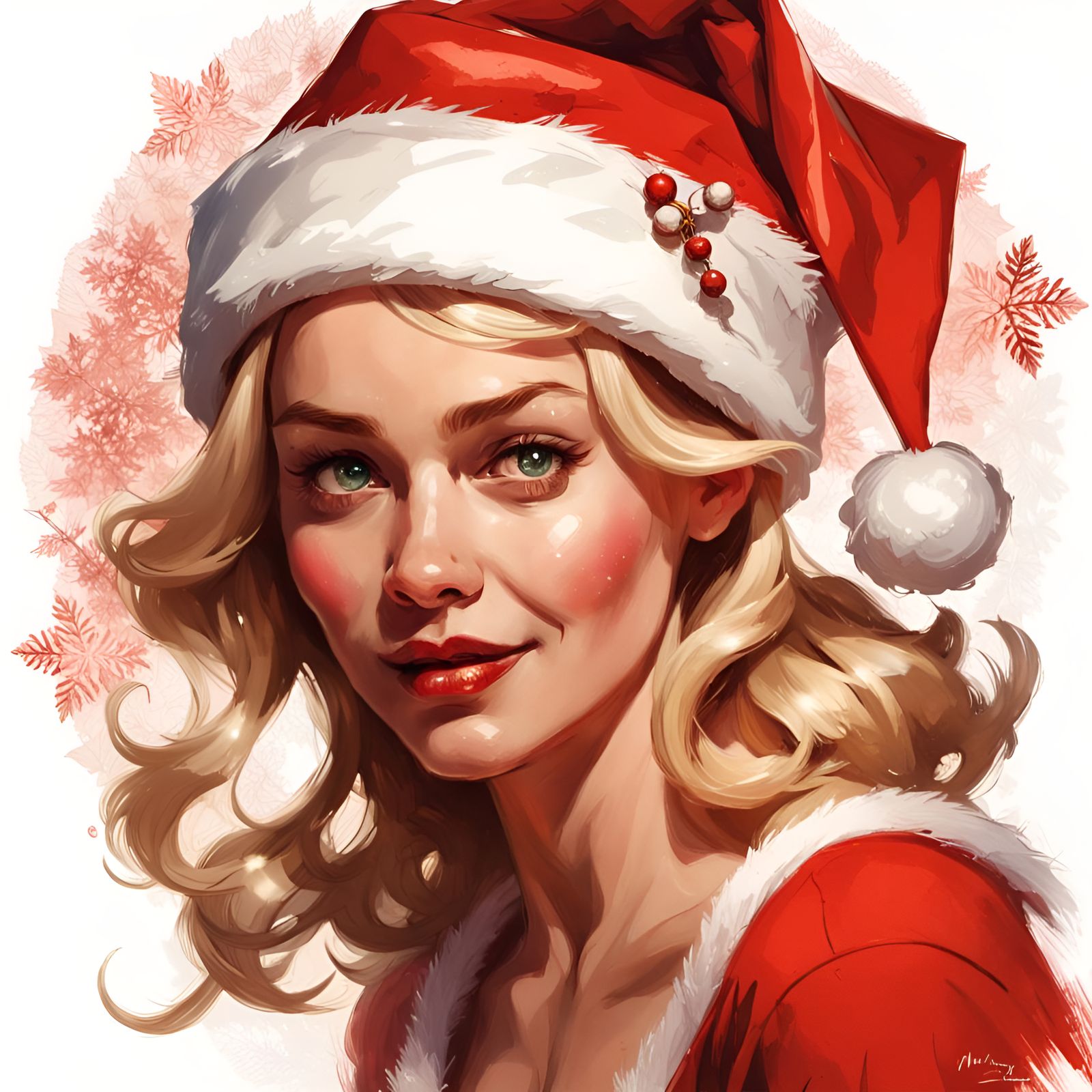 Blonde Woman in Santa Hat, Digital Illustration