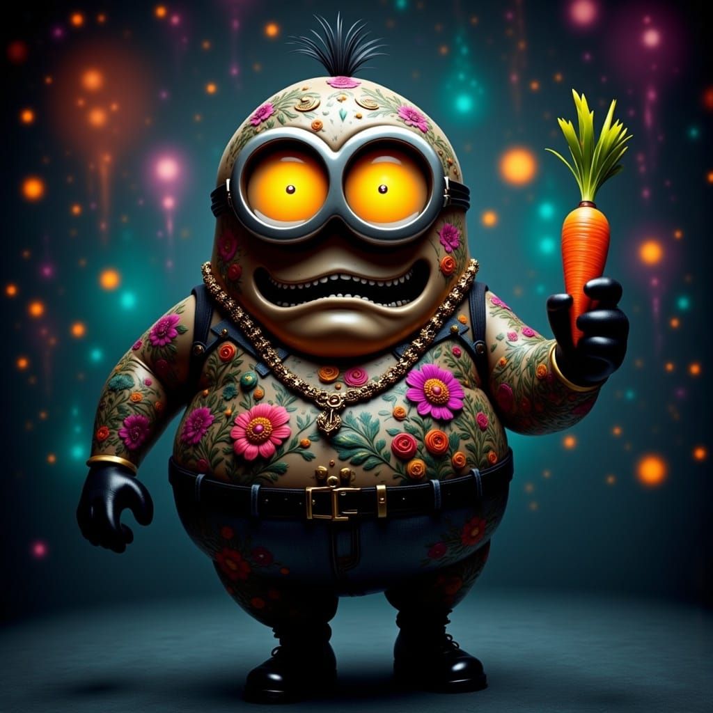 Whimsical Fabric Minion with Carrot and Tattoos