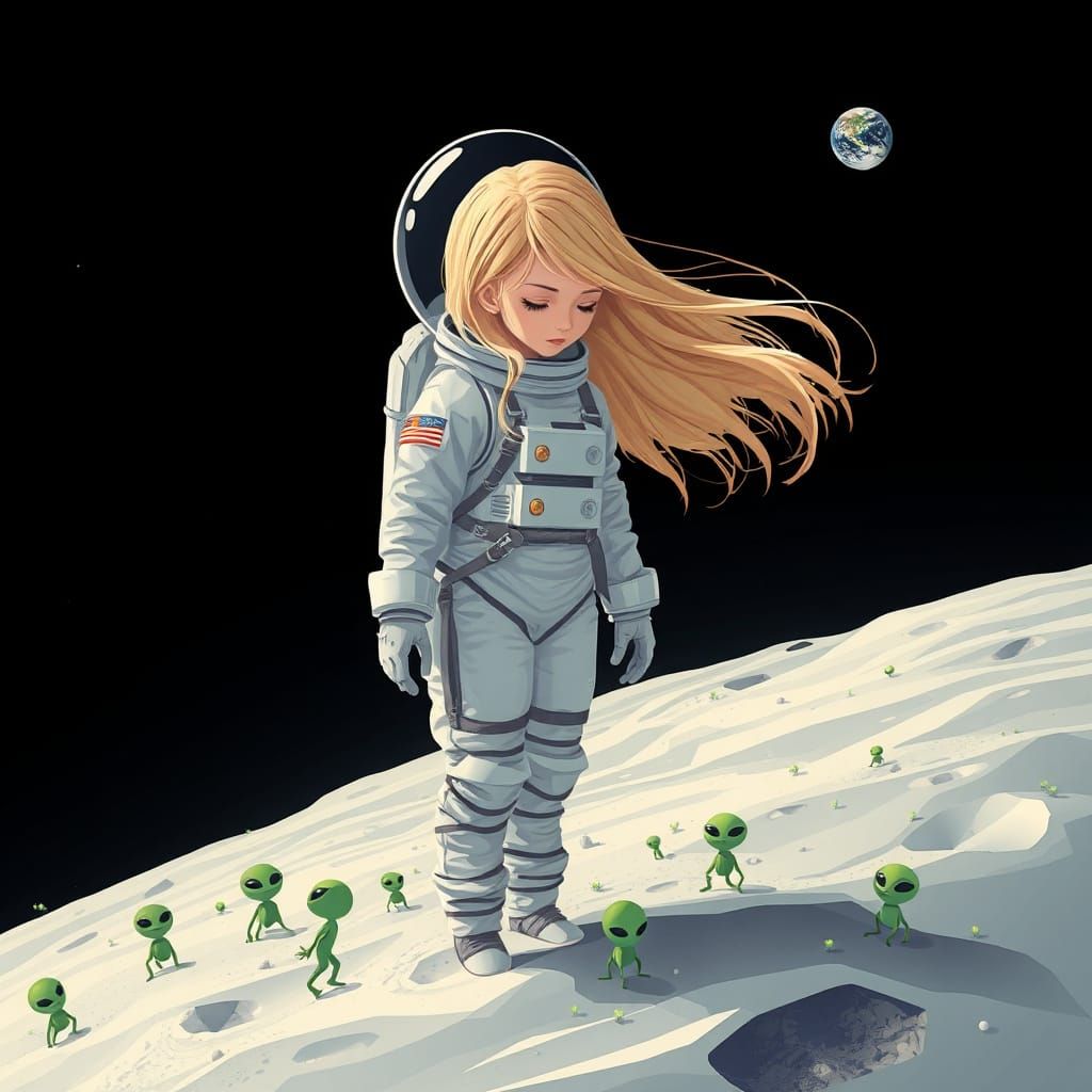 Girl Astronaut Sways on Moon's Surface with Tiny Aliens