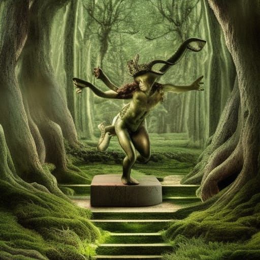 Forest Faun Statue in Digital Matte Painting Style