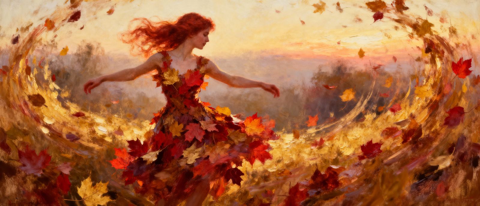 Ethereal Woman Dancing in Autumn Whirlwind Oil Painting