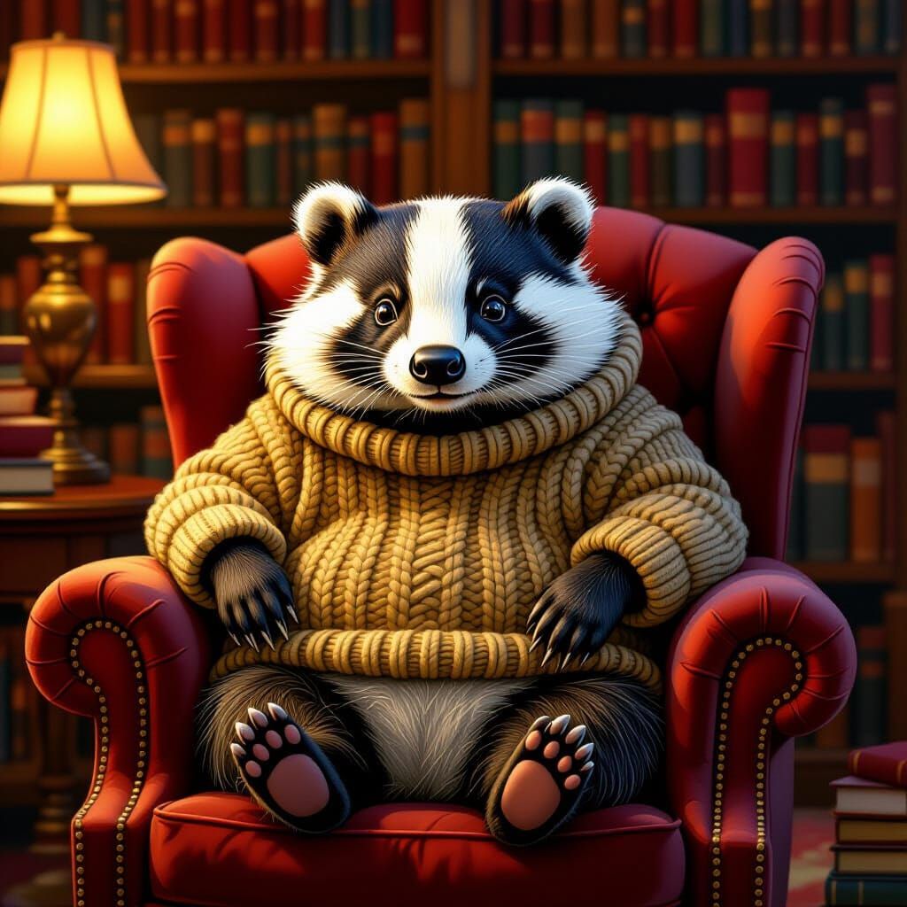 Rotund Badger in Jumper, Cozy Library Digital Painting