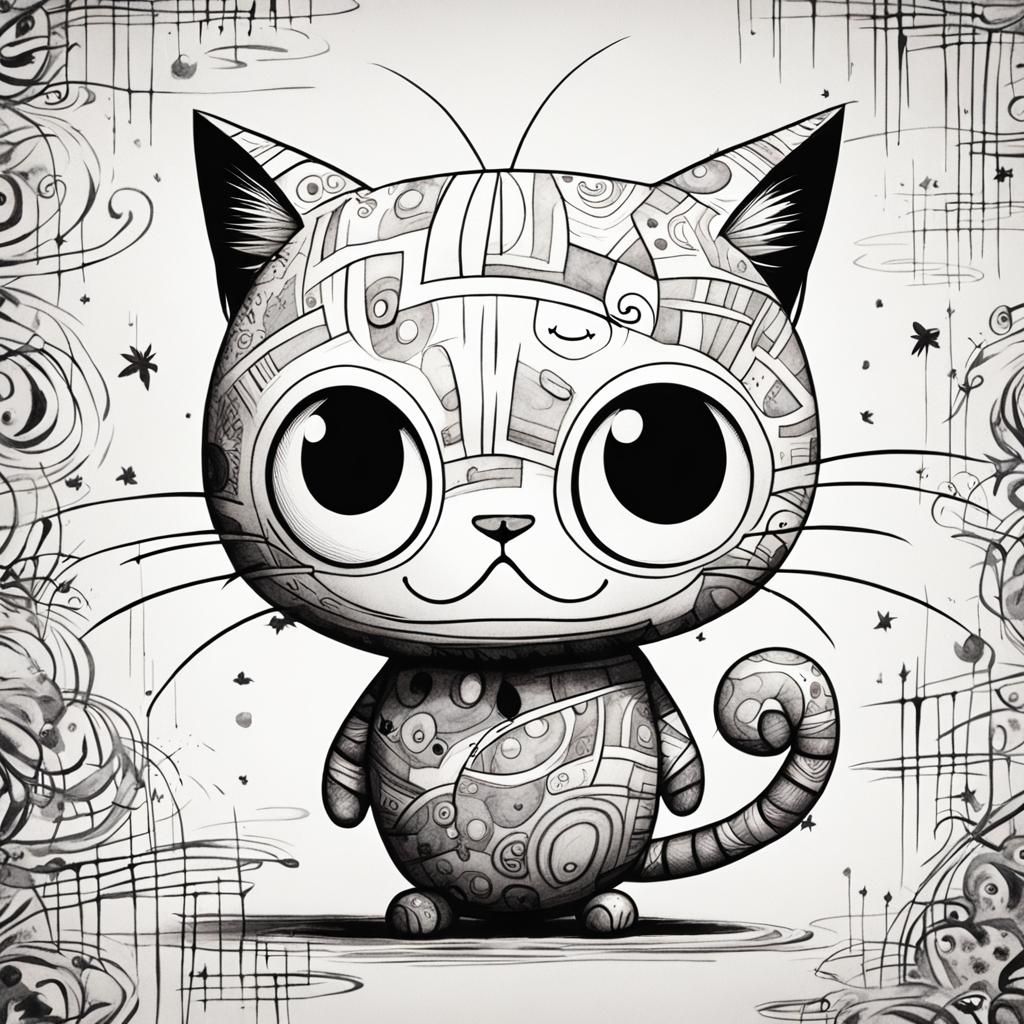 Funny Cartoon Cat-Ball in Tim Burton Style