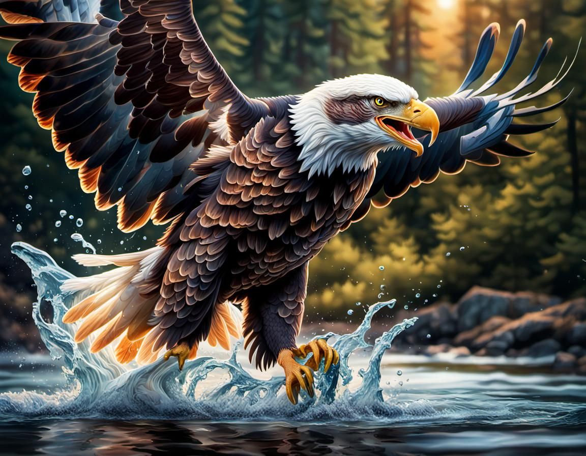 Hyperrealistic Eagle Captures Fish in Forest