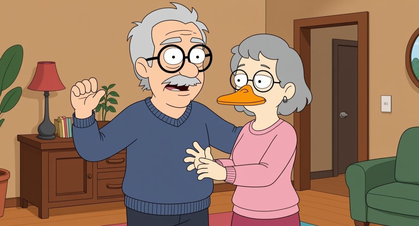 Elderly Cartoon Ducks Dancing in Living Room