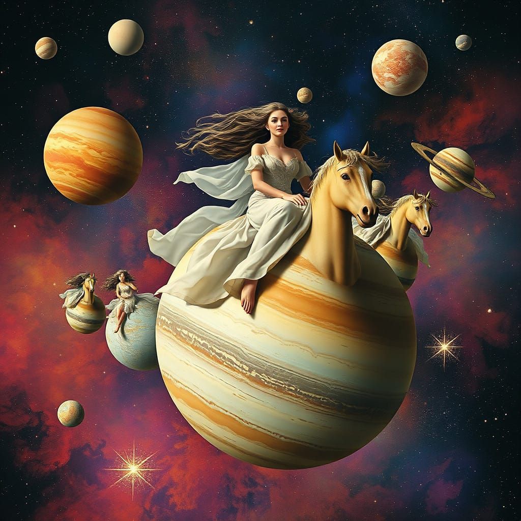 Cosmic Dreamscapes: Ethereal Women Ride the Planets