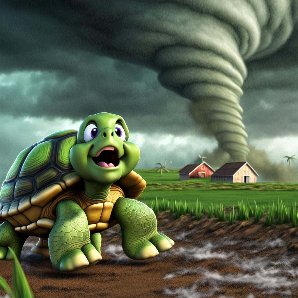 Scared Cartoon Turtle in Tornado Over Farmland