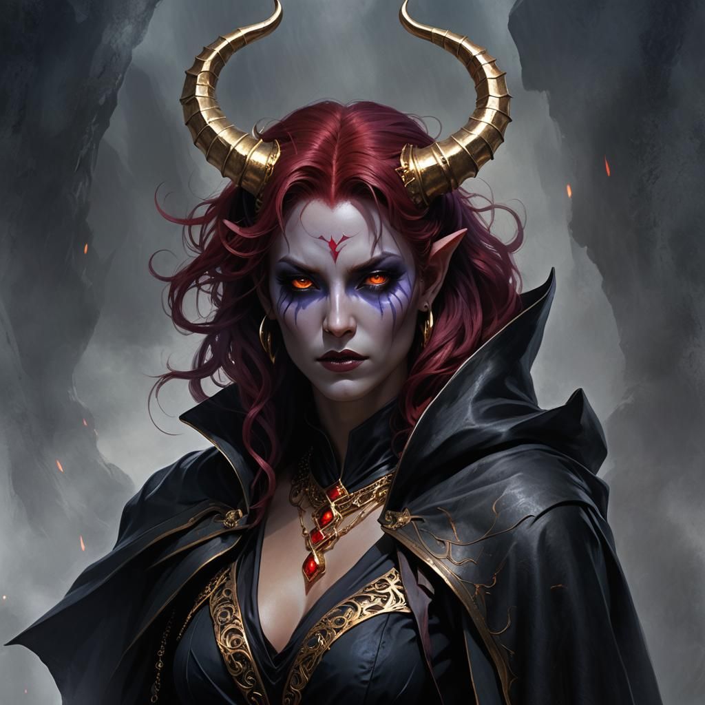 Mysterious Tiefling with Purple Horns and Red Hair