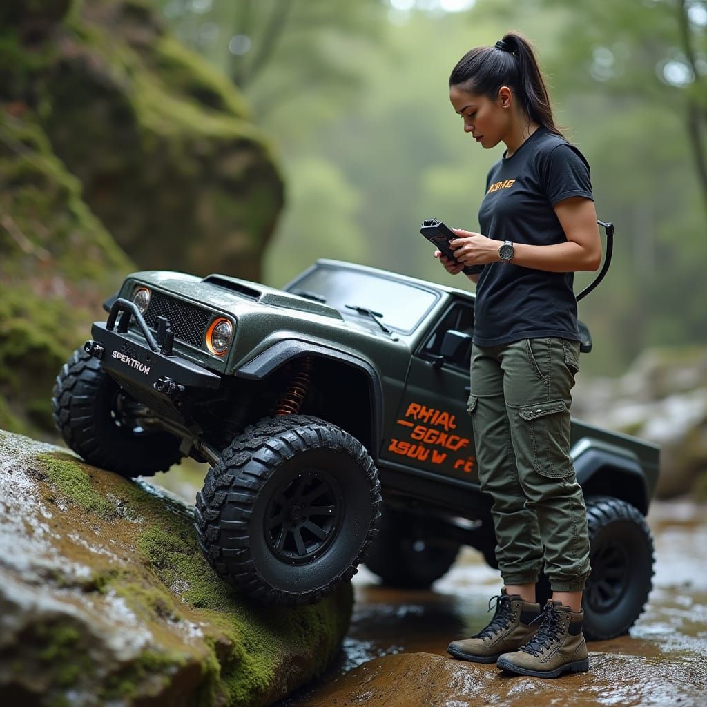 Woman and Axial SCX6 on Mossy Rock in Dystopian Realism