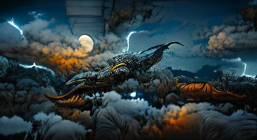Thunder Dragon Soaring in Stormy Moonlit Sky