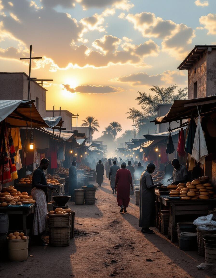 African Marketplace at Dawn With Realistic Chiaroscuro